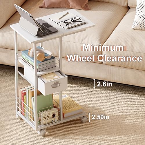 Rolling Side Table with Storage Drawer, White Bedside Table with Wheels, TV Tray for Sofa, Portable Desk on Wheels, Modern Night Stand, Overbed Table for Bedroom, C Shaped End Tables Living Room - Image 6