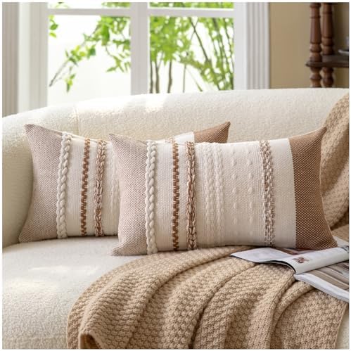 Cethom Boho Throw Pillow Covers 12x20 Inch Set of 2, Brown Textured Decorative Couch Pillow Cases for Farmhouse Home Decor, Accent Cushion Cover for Sofa, Bed, Living Room, Bedroom by Cethom