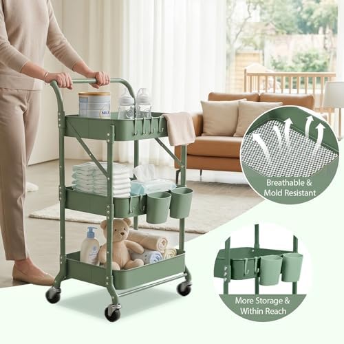 Amatic 3-Tier Folding Rolling Utility Cart with Wheels, Metal Foldable Storage Cart Organizer with 3 Hanging Cups & 6 Hooks for Kitchen, Office, Living Room, Nursery(Green) - Image 5