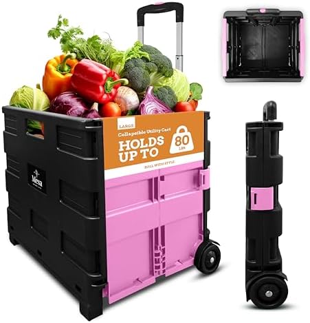Inspired Living Ultra-Slim Rolling Collapsible Storage Pack-N-Roll Utility-carts, with Telescopic Handle, for Home, Garden, Shopping, Office, School use, Large, Pink & Black by Inspired+Living