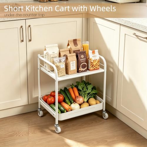 2 Tier Rolling Cart with Wheels, Under Desk Cart with Table Top - Image 2