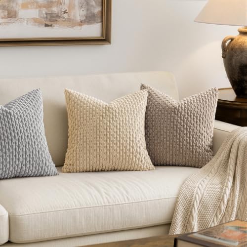 MIULEE Decorative Throw Pillow Covers 18x18 Beige Textured Corduroy - Image 2