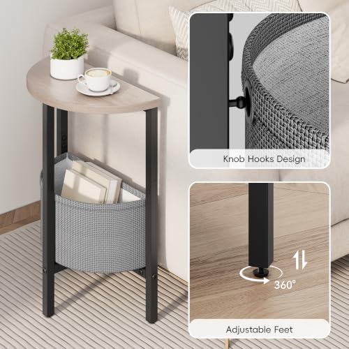 VAGUSICC Round Side Table with Charging Station, Small Round Accent End Table with Fabric Basket, Set of 2 Half Moon Tables Coffee Table, Bedside Table, Modern Nightstand for Living Room Bedroom, Grey - Image 6