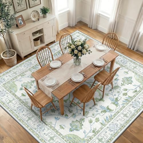RELEANY Washable Area Rug, Square 10'x10', Green/White/Blue by RELEANY