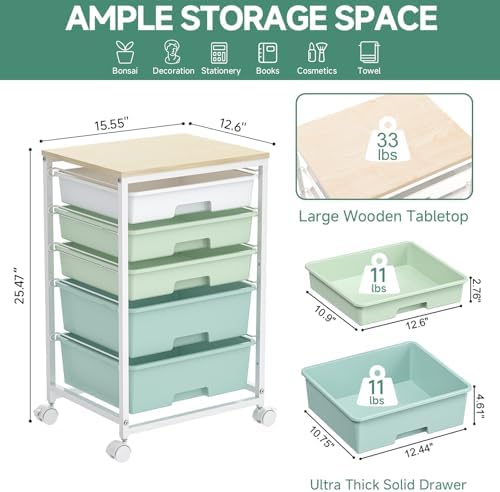 SYKIARIOL Rolling Cart with Drawers,5 Drawers Storage Cart,Light Green - Image 3