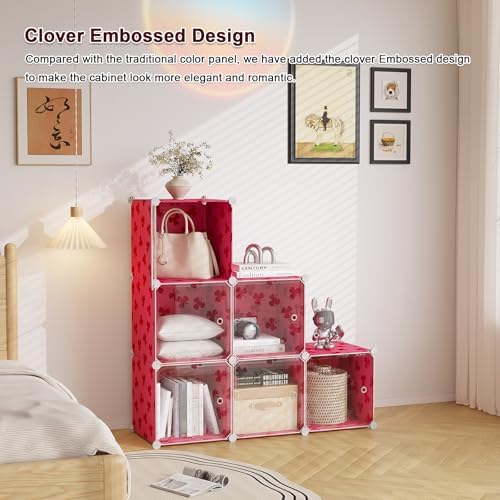 C&AHOME Clover Embossed 6-Cube Storage Organizer with Doors Cube Shelf Red - Image 3