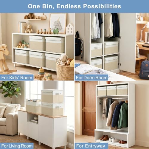 Bagnizer Large 17" 42 Quarts Collapsible Stackable Storage Bins with Lids [3-Pack] Foldable Fabric Linen Storage Boxes Cube, Closet Organizer Baskets with Label (16.7 x 12 x 12, Beige & White) - Image 3