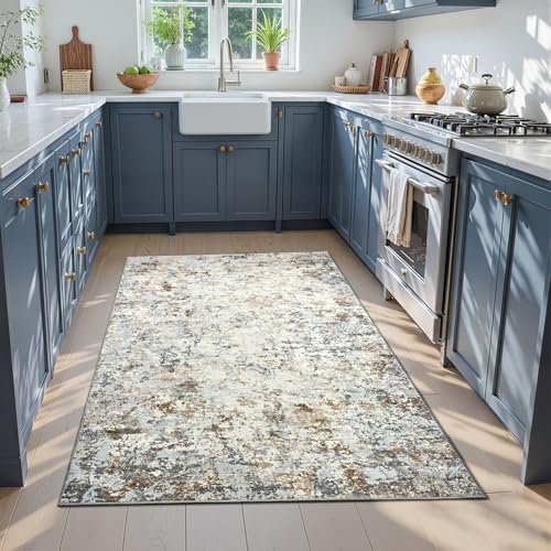 Toneed 4x6 Washable Area Rugs for Bedroom Living Room, Brown Grey Gold - Image 2