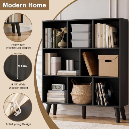 YAHARBO 8 Cube Bookshelf,3 Tier Bookcase with Legs,Black Mid-Century Modern Bookshelves,Large Free Standing Open Storage Organizer Shelf,Tall Wooden Book Case Furniture for Bedroom,Living Room,Office - Image 5
