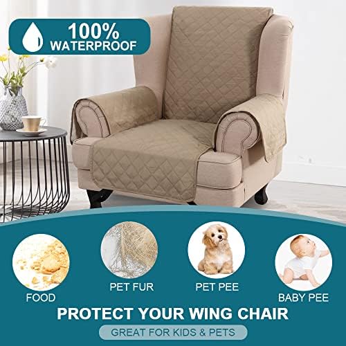 Turquoize 100% Waterproof Wing Chair Cover Wing Armchair Slipcovers, Khaki - Image 2