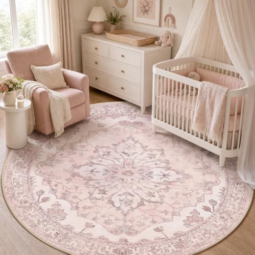 RELEANY Washable Area Rug, Round 5ft, Pink by RELEANY