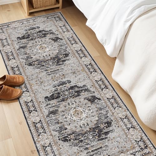 2x6 Washable Hallway Runner Rug - Non-Slip Vintage Throw Rugs Black Gray - Image 2