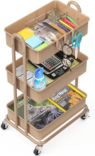 Simple Houseware 3-Tier Heavy Duty Metal Utility Rolling Cart, Khaki - Image 4