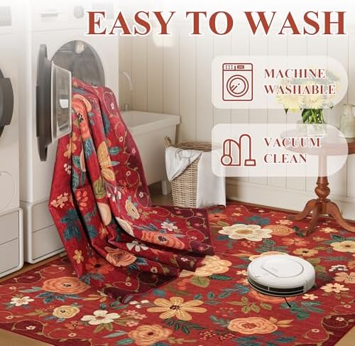 DUKINO 2x4 Entryway Rug, Floral Washable Kitchen Rugs Non Slip, Red - Image 6