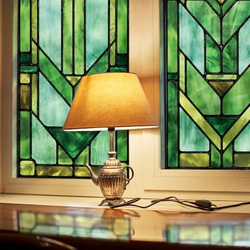 Original Hand Drawn Faux Stained Glass Window Film, Double-Sided Privacy Static Film, Vibrant Chartreuse Geometry Patterns Inspired by Martin House Peep Proof 22.83"X114.17" by ChicSkin