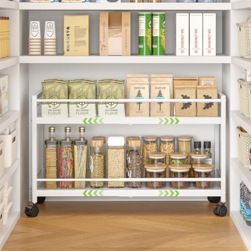 1 Pack 2-Tier Expandable Pantry Floor Organizer Cart, Rolling Pantry Storage Cart with Wheel, Adjustable Can Organizer for Kitchen Pantry, Pantry Shelves and Storage Rack for Snacks, Vegetables, White - Image 7