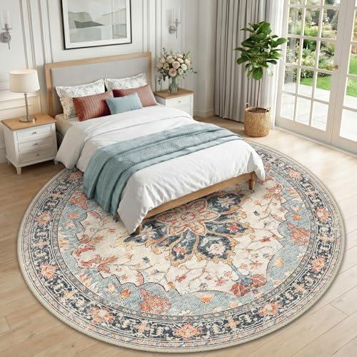 RELEANY Washable Area Rug, Round 10ft, Beige/Blue/Orange - Image 2