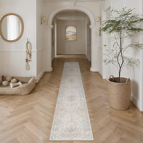 2x10 Washable Runner Rug Beige Grey Non Slip Vintage Carpet - Image 2