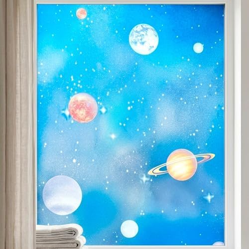 Galaxy Planet Stained Glass Blue Window Film Privacy No Glue 23.6x78.7in by Mikomer