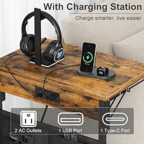 Foldable C-Shaped Table with Charging Station, Folding TV Tray End Table for Small Space, Portable Side Table for Couch, C Table with Storage Bag for Sofa Living Room, Bedroom Rustic Brown SC-005R - Image 5