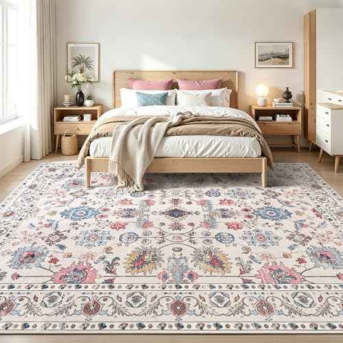 Hanples 9x12 Area Rugs for Living Room, Washable Rug Vintage Floral, Beige - Image 2