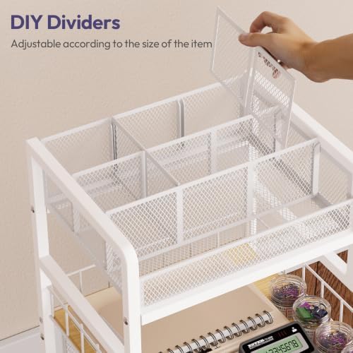 SWTYMIKI Rolling Cart with Drawers - Metal Craft Cart with Wheels, DIY Divider and Wood Shelf, Art Supply Organizer for Under Desk Storage, Utility Storage Cart for Home Office Studio, White - Image 6