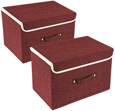 TYEERS Collapsible Storage Boxes, Washable Fabric Storage Bins with Lids, 14.9x9.8x9.8 inches, 2 Pack, Red Wine by StorageOrganization