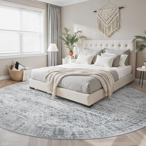 Soalmost Round Rugs 9ft Living Room Circle Area Rug 9x9 Grey Vintage - Image 2