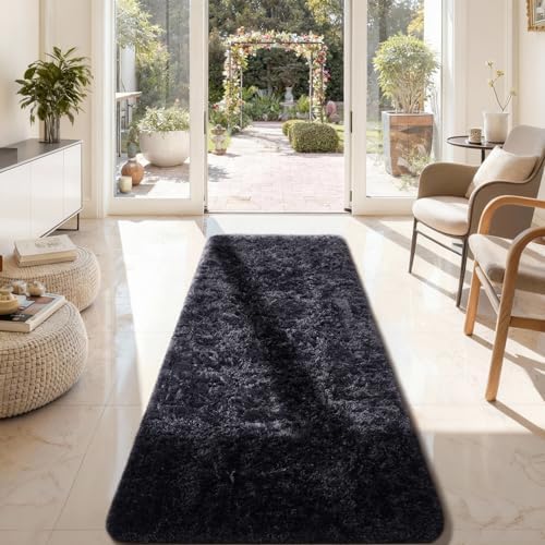 Ophanie Runner Rug for Hallway, 2x7 Washable Non-Slip Fluffy Soft Bedside Rugs, Bedroom Living Room Shaggy Carpet for Kids Girls Boys Dorm Nursery Decor Aesthetic, Black with Over 99 pcs Pile fibers - Image 2