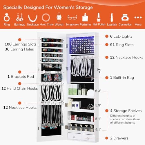 GISSAR Full Length Mirror Jewelry Cabinet, 6 LEDs Jewelry Armoire Wall Mounted Over The Door Hanging, Jewelry Organizer Storage with Lights Lockable, Bright White, 14.6" x 47.2" - Image 4