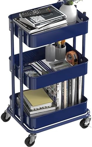 Simple Houseware 3-Tier Utility Cart, Low 24" Height Fits Under Desk, Navy - Image 4
