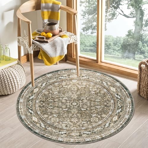 OPPODREAM Vintage Brown Area Rugs 4' Round, Washable Rug for Living Room by OPPODREAM