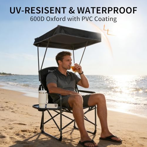 Oversized Camping Chairs with Canopy Foldable Directors Chair with Side Table & Pockets Portable Adults Heavy Duty Outdoor Folding Chairs for Lawn, Beach, Picnic, Sports and Fishing, Supports 500lbs - Image 4