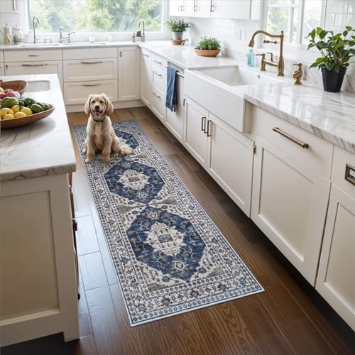 2x6 Washable Hallway Runner Rug: Indoor Farmhouse Kitchen Rugs Oriental Thin Non-Slip Entryway Carpet Ultra Soft Water Resisitant Floor Mat for Living Room Bedroom for Bathroom Laudry(2 X 6,Blue) by HYHAOYUNLAI