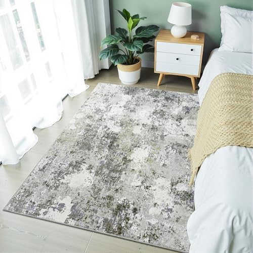 Modern Abstract 3x5 Washable Rug, Non Slip Area Rug, Soft Low Pile Ultra Thin Entryway Rugs, Stain Resistant Distressed Doormat for Indoor Entry, Living Room, Bedroom, Sage Green - Image 2