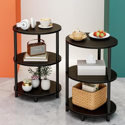 Small Round Side Table - 3-Tier Oval Accent Table for Small Spaces, Rustic Wood and Metal Couch End Table, Nightstand for Bedroom or End Table Living Room, Set of 2, Charcoal Wenge by RISWER