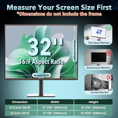 Magnetic 32 Inch Privacy Screen for Computer Monitor, 16:9 Removable Anti Blue Light Filter for Desktop PC, Hanging Anti-Spy Privacy Shield with Easy Installation for Office and Home - Image 2