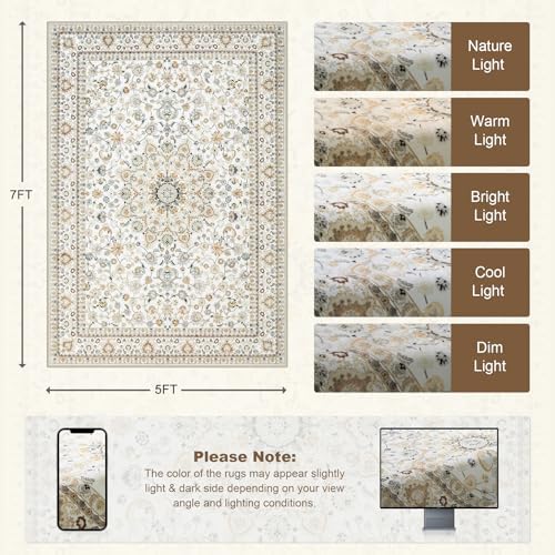 5x7 Area Rugs Living Room: Washable Vintage Rug for Bedroom Beige - Image 2