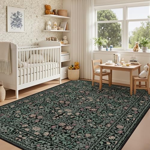 5x7 Area Rug Living Room: Soft Floral Washable Carpet Dark Green - Image 4