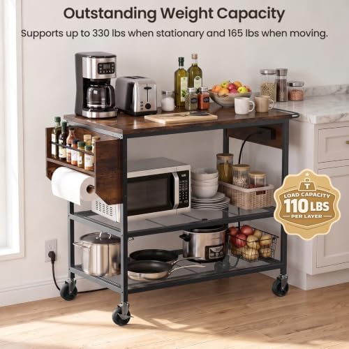 Rolling Kitchen Island with Storage, 3 Tier Kitchen Island Cart with Wheels,Wood Large Worktop, Storage Shelves, Lockable Casters, Power Outlet, Push Handle for Kitchen Dining Room - Image 2