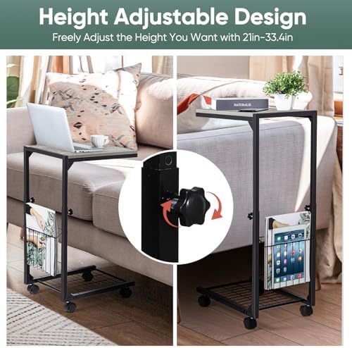 C Shaped End Table Small Couch Side Table with Metal Frame Slide Under Couch Table for Sofa Adjustable Height C Table for Living Room Bedroom Small Spaces, Grey - Image 6