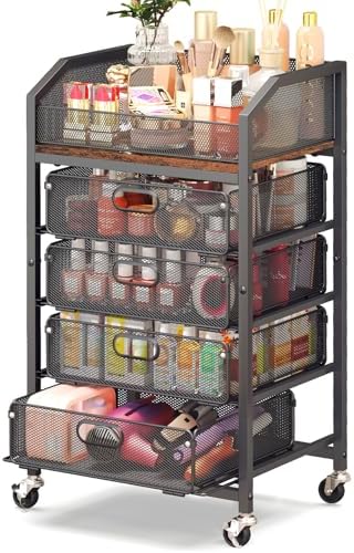 Goovilla Rolling Makeup Organizer Cart with Drawers, 5 Tier Metal, Black by Goovilla