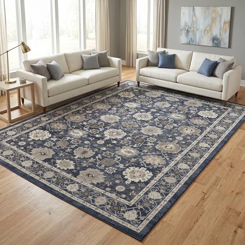 AMADA HOMEFURNISHING 9x12 Area Rug for Living Room, Vintage Washable Area Rug Low-Pile & Non-Slip Carpet for Bedroom Dining Room Nursery Home Office, Navy Blue/Brown - Image 2