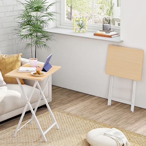 HOOBRO Folding TV Tray Tables, Set of 2 Side Table for Small Space, Industrial Snack Tables for Eating at Couch, Stable Metal Frame, Easy Assembly, Space Saving, Natural and White WN25BZ01 - Image 2