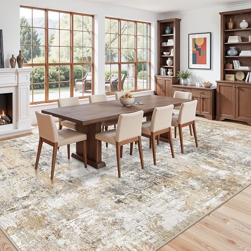 12x15 Area Rug for Living Room – Large Modern Neutral Abstract Thin Washable Carpet, Soft Low Pile Non-Slip Stain-Resistant for Bedroom Dining Room Home Office (Gold Grey) - Image 4