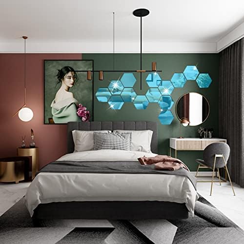 DIY Wall Decals Acrylic Mirror Sticker Set 12 Pcs, Hexagon Mirror Wall Stickers for Living Room Bedroom Decor (Blue) - Image 5