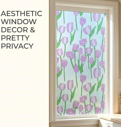 Pink Tulip Stained Glass Flower Window Film Privacy No Glue Cover 35x78.7in - Image 3