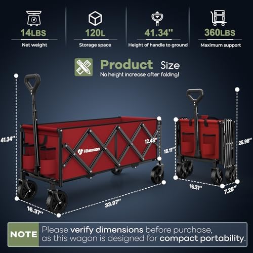 HIKEMOON 34'' Extra Long Folding Portable Wagon Cart, 120L 360LBS Red - Image 4
