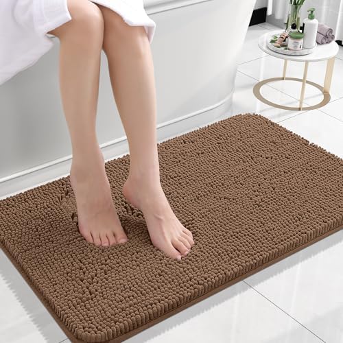 OLANLY Small Bathroom Rugs 24x16, Extra Soft Absorbent Chenille Bath Rugs, Rubber Backing Quick Dry, Machine Washable Bath Mats for Bathroom Floor, Tub and Shower, Home Decor Accessories, Mocha by OLANLY