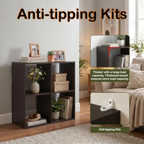 WannabeMyself【Sturdy Build&Easy Assembly】4 Cube Storage Organizer with Anti-Tipping Kits,Reversible Open Back Book Shelf, Bookcase for Living Room,Bedroom,Entrance Hall,Office,24.1×11.4×24.1,Chocolate - Image 4
